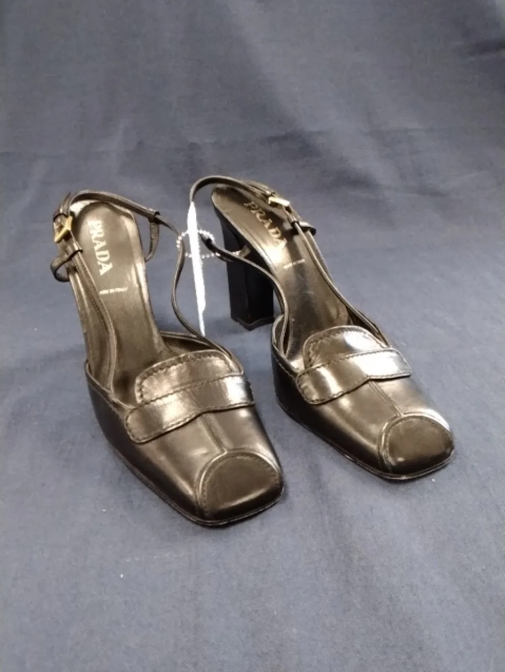 Black Leather Square Toe Slingback Heels
